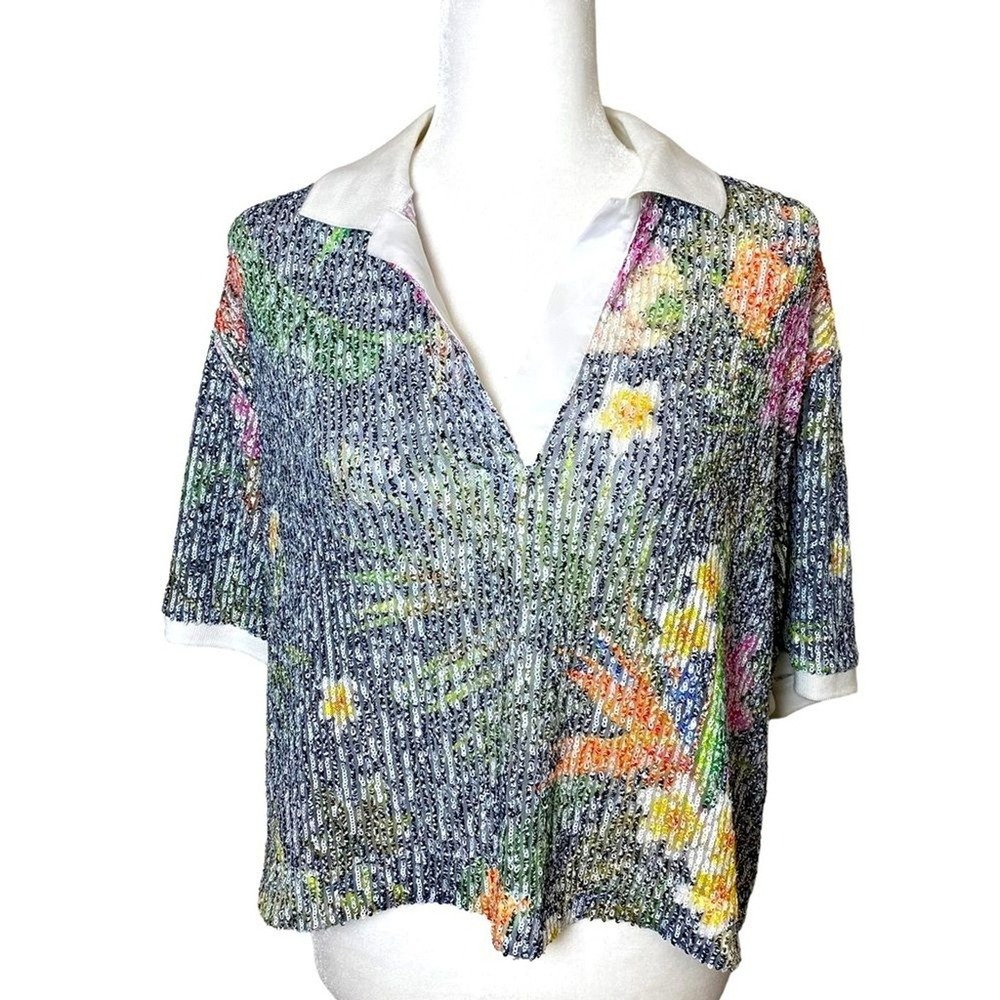 In The Mood For Love Sequin Floral Crop Top Linen Silk Boxy Collared L - Picture 2 of 16